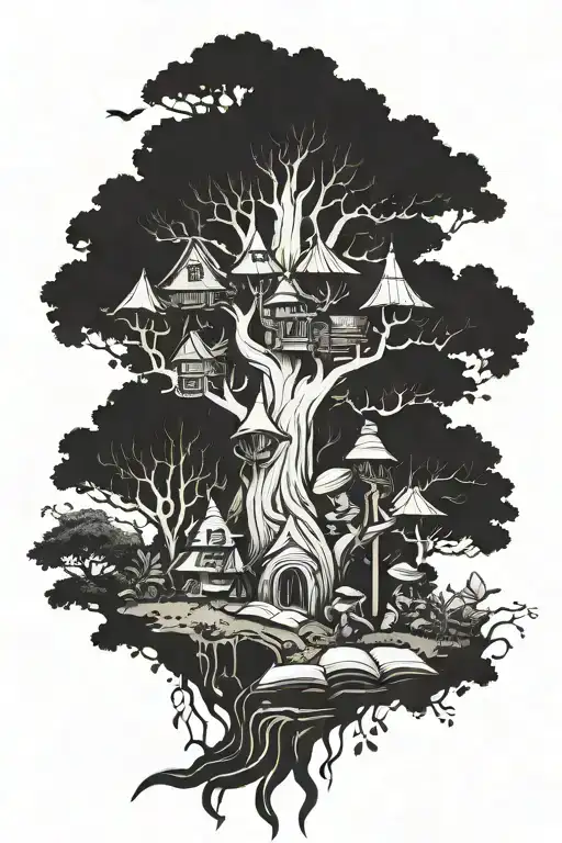 A mystical forest scene with gnomes reading books under a giant tree tattoo design idea