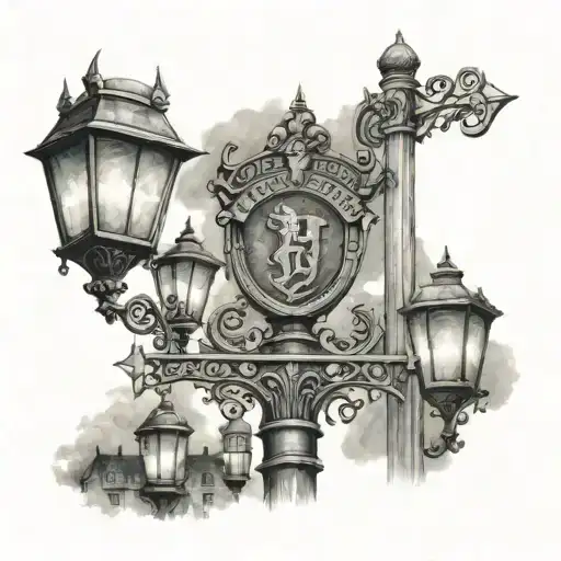 Harry Potter lamp post with 6 signs for Hogwarts, Middle Earth, Neverland, panem, Narnia, wonderland, enchanted forest  tattoo design idea