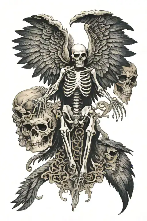 skeleton with black wings spread tattoo design idea