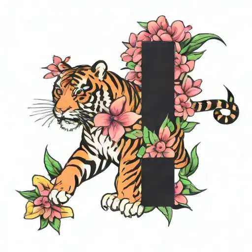 walking tiger flowers blooming tattoo design idea