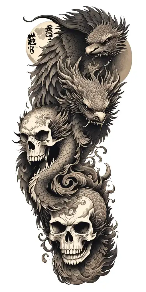 Chinese dragon and phoenix and skull and moon and raven tattoo design idea