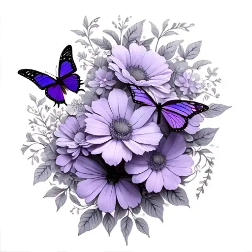 purple butterflies around flowers intertwined tattoo design idea