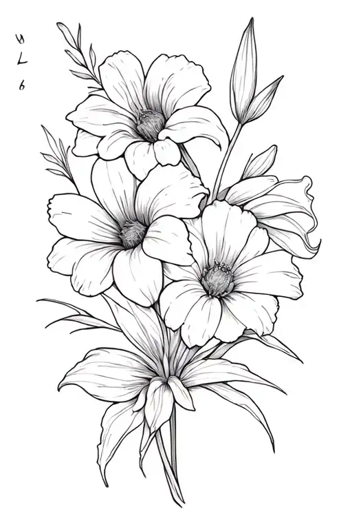 daisy flower and Lilly flower and poppy flower and gladiolus flower and amaryllis flower and rose flower  tattoo design idea