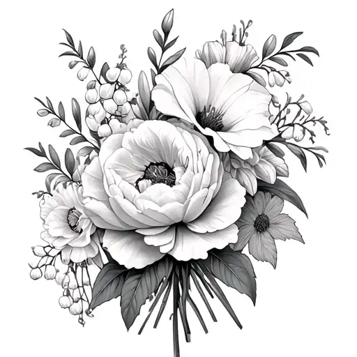 gladiolus, lily of the valley, peony, cosmos, rose, carnation bouquet tattoo design idea