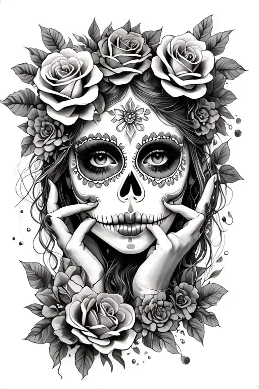 day of the dead sugar girl face with roses and fingers on lips tattoo design idea