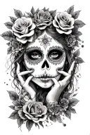 day of the dead sugar girl face with roses and fingers on lips tattoo design idea
