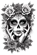 day of the dead sugar girl face with roses and fingers on lips tattoo design idea