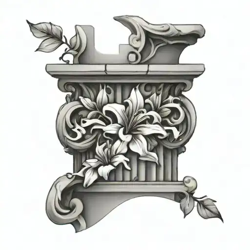 broken Greek column with vines and lily's wrapped around it tattoo design idea