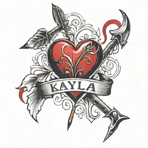 red heart with name kayla 2 arrows going through and smoke in the background tattoo design idea