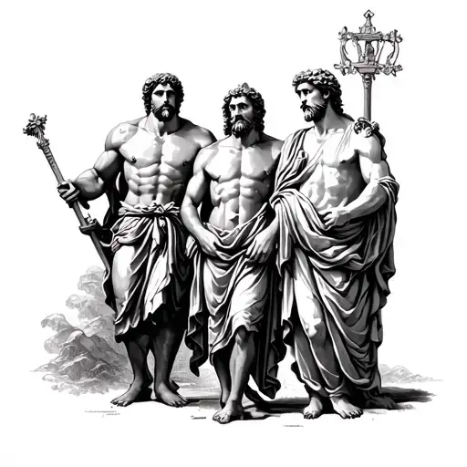 A tattoo design showcasing Hercules, Marcus Aurelius, and Socrates standing together in a powerful and stoic pose, each representing different aspects of wisdom and strength tattoo design idea