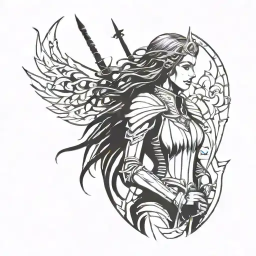Neo-gothic and neo-tribal style, dark fantasy theme, knight woman tattoo design idea