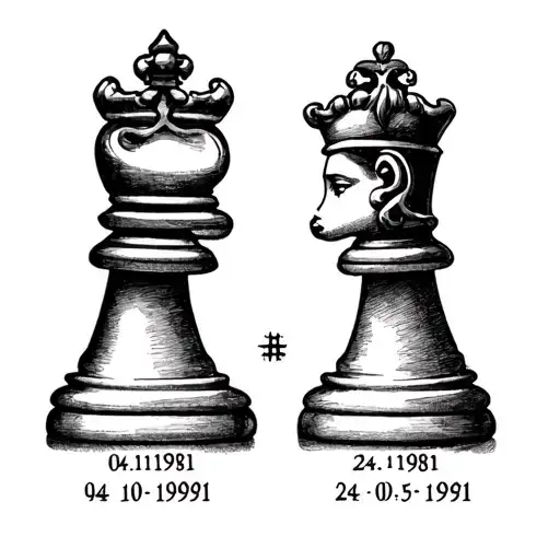 chess king and queen partner tattoo black and white drawing with the dates 04.10.1981 and 24.05.1991 in it  tattoo design idea