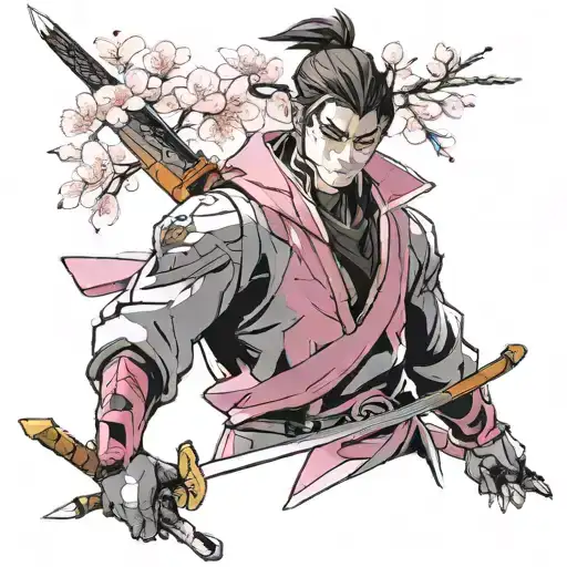 I want genji from overwatch in a pink hoodie with cherry blossoms and a dragon and sword tattoo design idea
