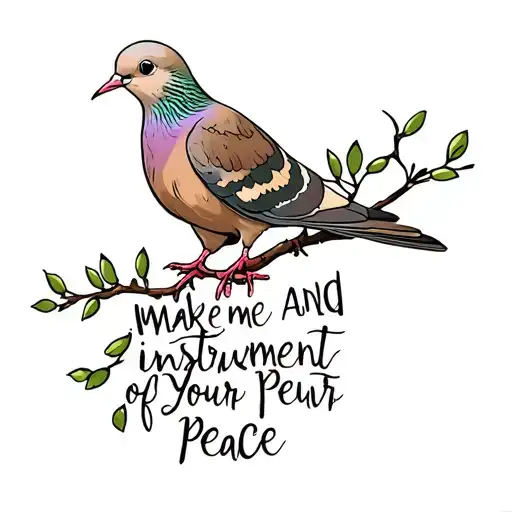 mourning dove on olive tree branch with the words "Make me and instrument of your peace" written on the branch tattoo design idea