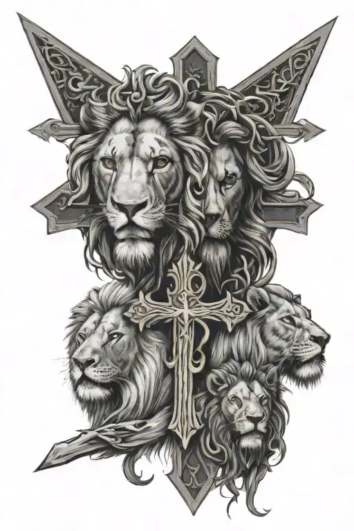 three crosses with half a lions face and Jesus face tattoo design idea