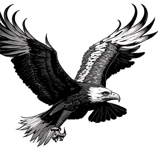 a soaring eagle with outstretched wings, featuring realistic feather textures and flames at the tips of its wings tattoo design idea