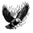 a soaring eagle with outstretched wings, featuring realistic feather textures and flames at the tips of its wings tattoo design idea