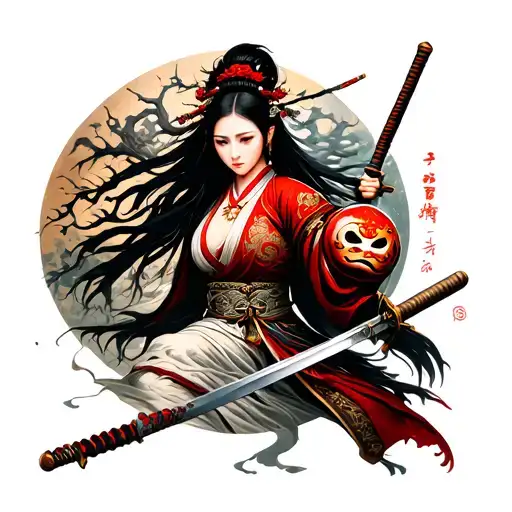 a female japanese warrior with a sword and a daruma. the background is something abstract that is like the tree of life tattoo design idea