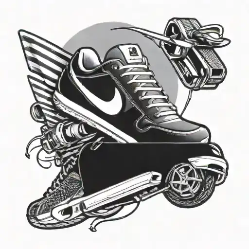 barber pole sport car and Nike sneakers hanging tattoo design idea