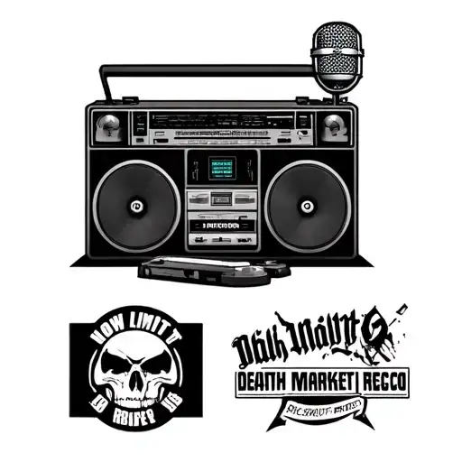 boombox, mic, turntable with the logos from NO LIMIT RECORDS, AFTERMATH RECORDS, DEATH ROW RECORDS and BLACK MARKET RECO tattoo design idea