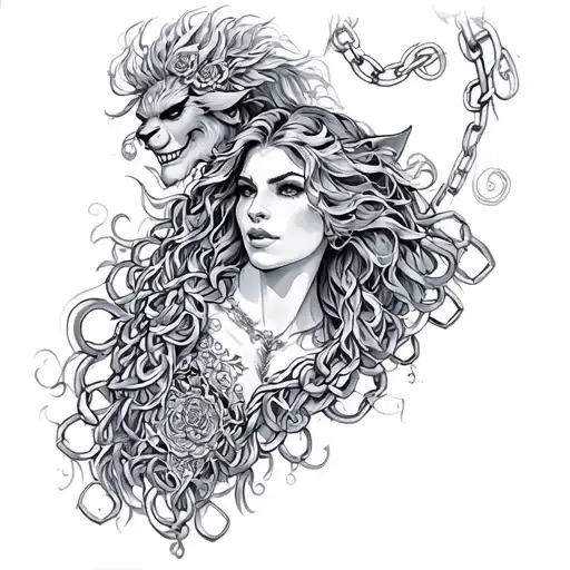 Beauty and thr beast bdsm chain neck muscla tattoo design idea