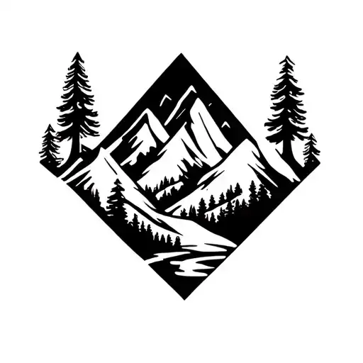 three sisters mountains in a diamond shape surrounded by pine trees tattoo design idea
