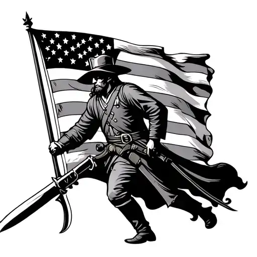 revolutionary war soldier charging with bayonet and 13 colonies flag in background  tattoo design idea