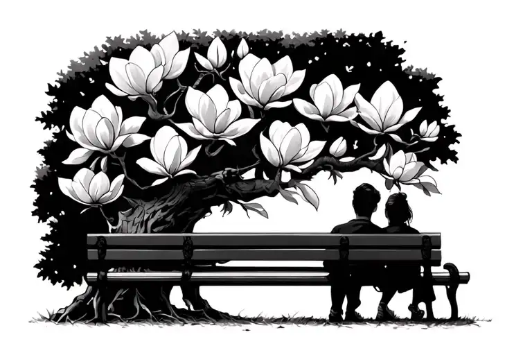 magnolia tree, semi bloom, 2 people on a park bench, view from behind, black frame around tattoo,b/w tattoo design idea