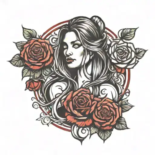 BDSM girl long flowing hair colorful red roses and triskelion  tattoo design idea