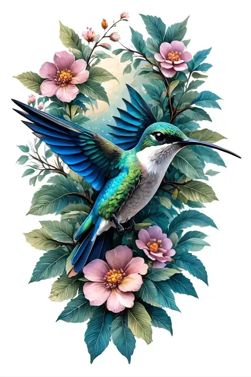 hummingbird flying and perched on trees with flowers in background tattoo design idea