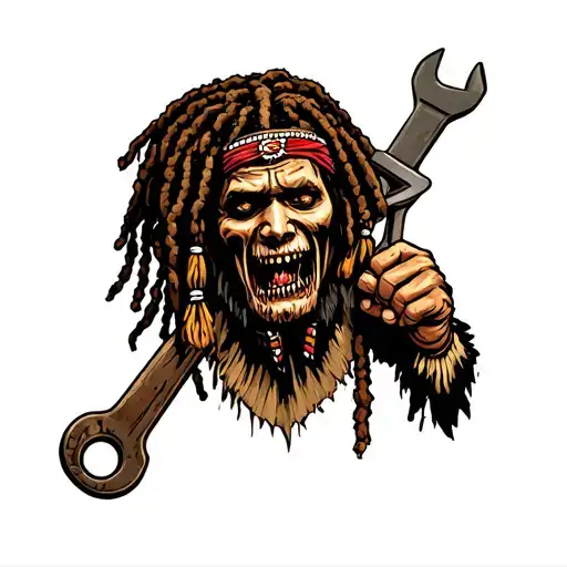 "Indigenous Plumbing " gangsta dread locks Native American holding wrench tattoo design idea