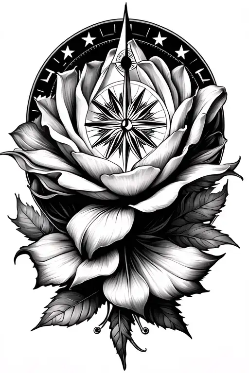 compass, rose, protea, lavender, 5 stars, modern interpretation with calla lily tattoo design idea