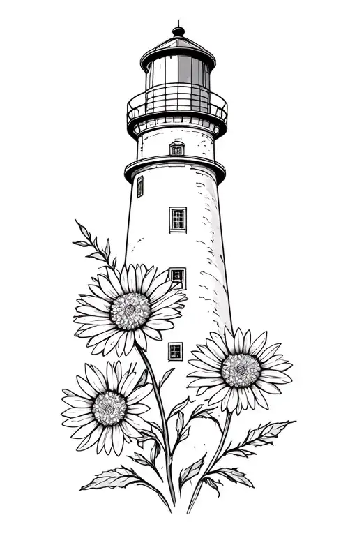 lighthouse and aster flower with stem tattoo design idea