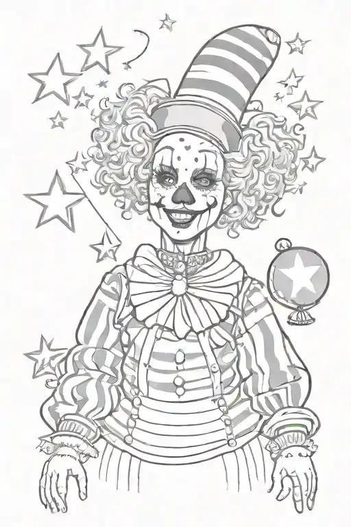 scary feminine clown juggler with striped clothes and a simple theatre mask juggling three stars    tattoo design idea