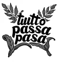  "tutto passa" in Alex Brush font. Two laurel branches rise from left and right tattoo design idea