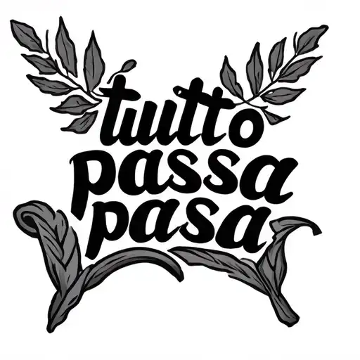  "tutto passa" in Alex Brush font. Two laurel branches rise from left and right tattoo design idea