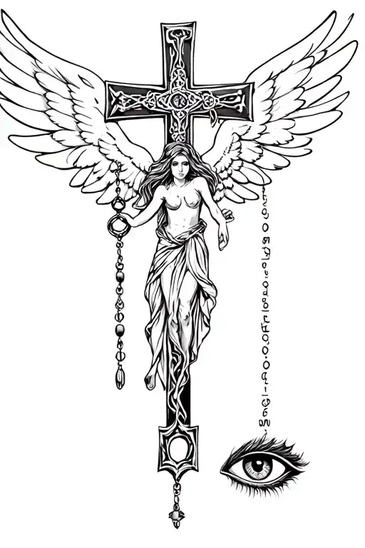 fine tattoo with cross with rosary with D and D on it. 777, saying she flys with her own wings,  cornichello , evil eye tattoo design idea