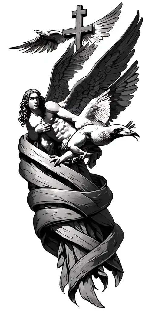 Christianity: Thorn wrapped around the wrist with a cross, a sketch of the Archangel Micheal, 2 swallow birds fighting tattoo design idea