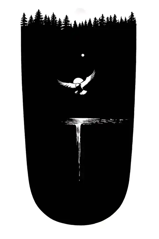 forest with a waterfall in the middle and a bald eagle flying with a moon in the background tattoo design idea