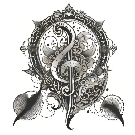 An intricate design combining elements of music, loyalty, and love in a symmetrical pattern tattoo design idea