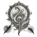 An intricate design combining elements of music, loyalty, and love in a symmetrical pattern tattoo design idea
