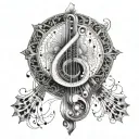 An intricate design combining elements of music, loyalty, and love in a symmetrical pattern tattoo design idea