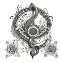 An intricate design combining elements of music, loyalty, and love in a symmetrical pattern tattoo design idea