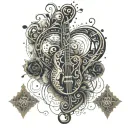 An intricate design combining elements of music, loyalty, and love in a symmetrical pattern tattoo design idea