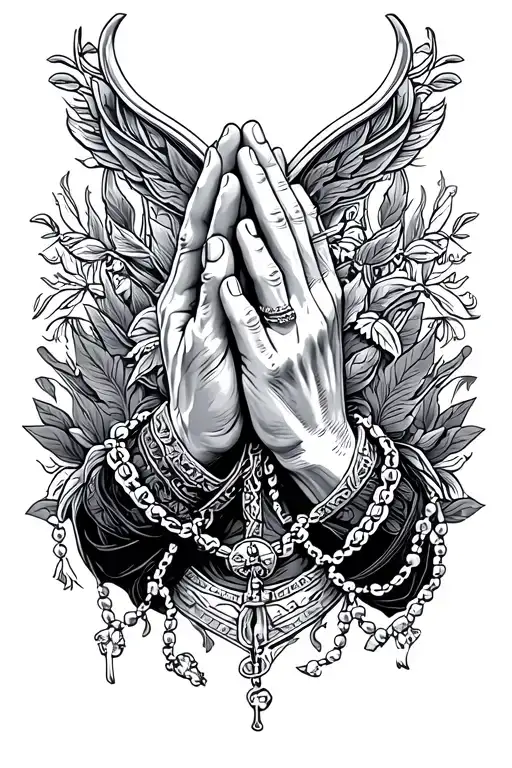 praying hands with rosary tattoo design idea