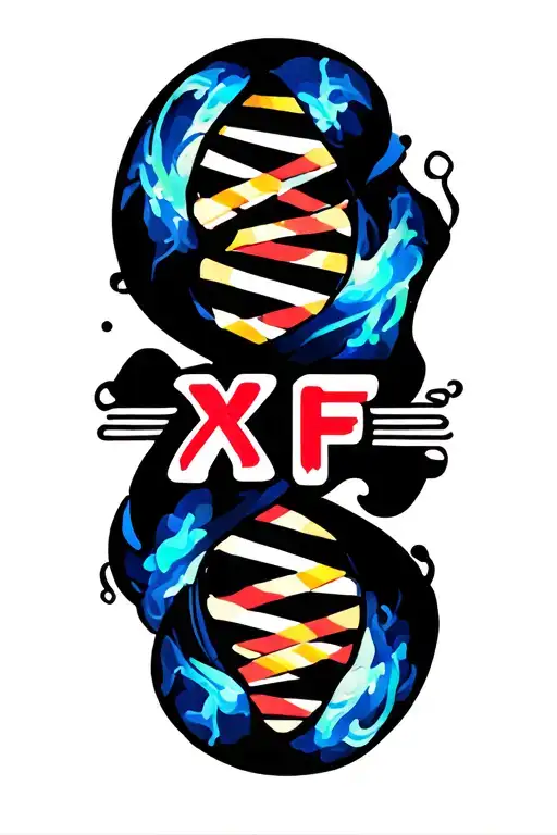 dna, chromosome x, x fragile syndrome, abstract desig with the letters XFS, some budhist symbology, colorfull, partial tattoo design idea