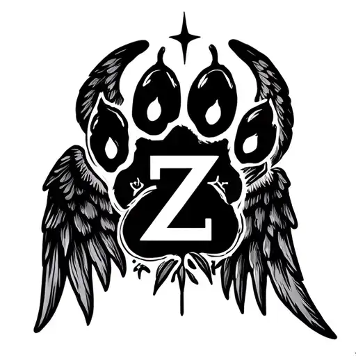 Can you make a paw print (dog) with the letter “Z” inside it and a glory above the paw print. Angel wings around paw tattoo design idea