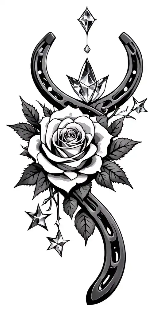 horseshoe, dark witch, crystal, rose, thorns, stars  tattoo design idea