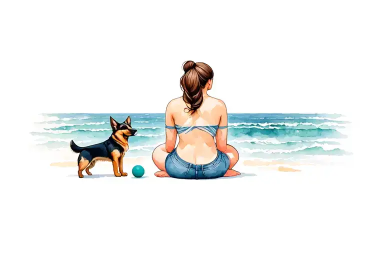 woman, short ponytail holding knees look out to sea. small German Shepherd looking dog also looking out to sea with ball tattoo design idea