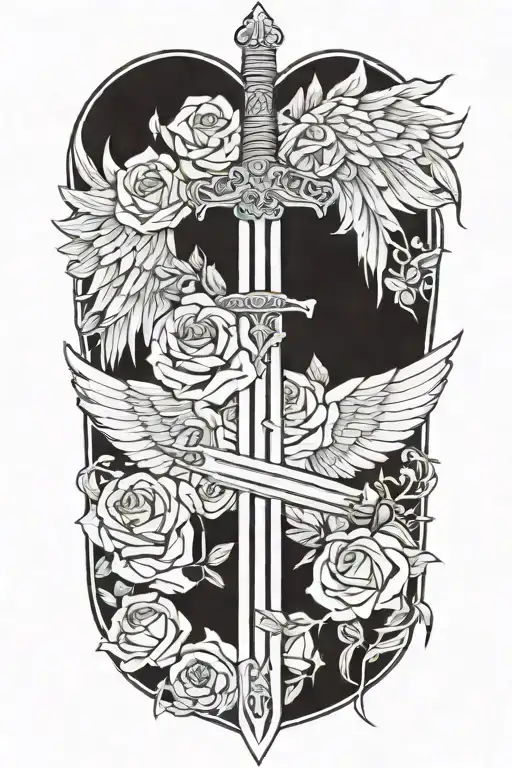 angel wings behind sword, roses tattoo design idea